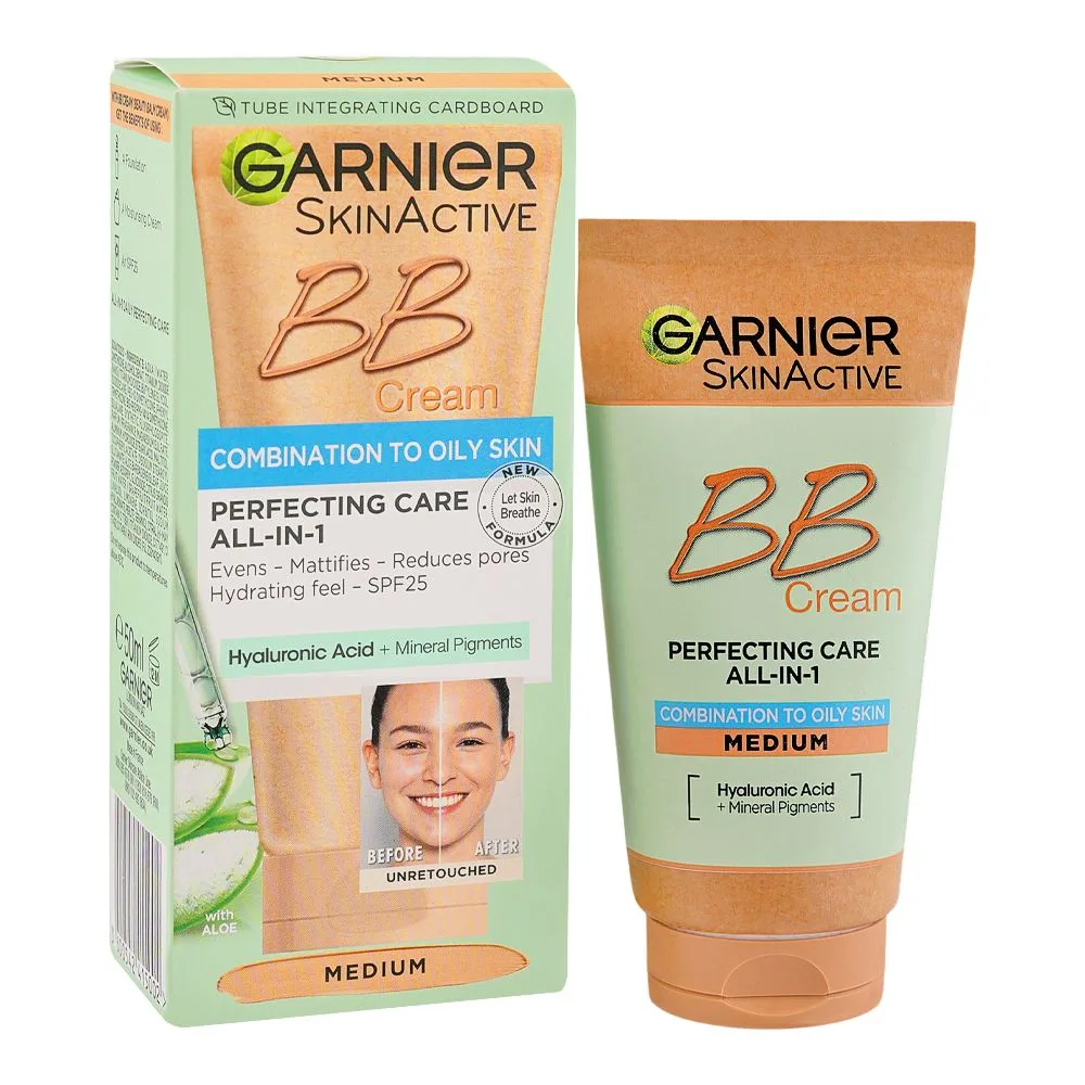 Garnier Skin Active Perfecting Care All-In-1 BB Hyaluranic Acid + Mineral Pigments Cream Medium, For Oily Skin, 50ml