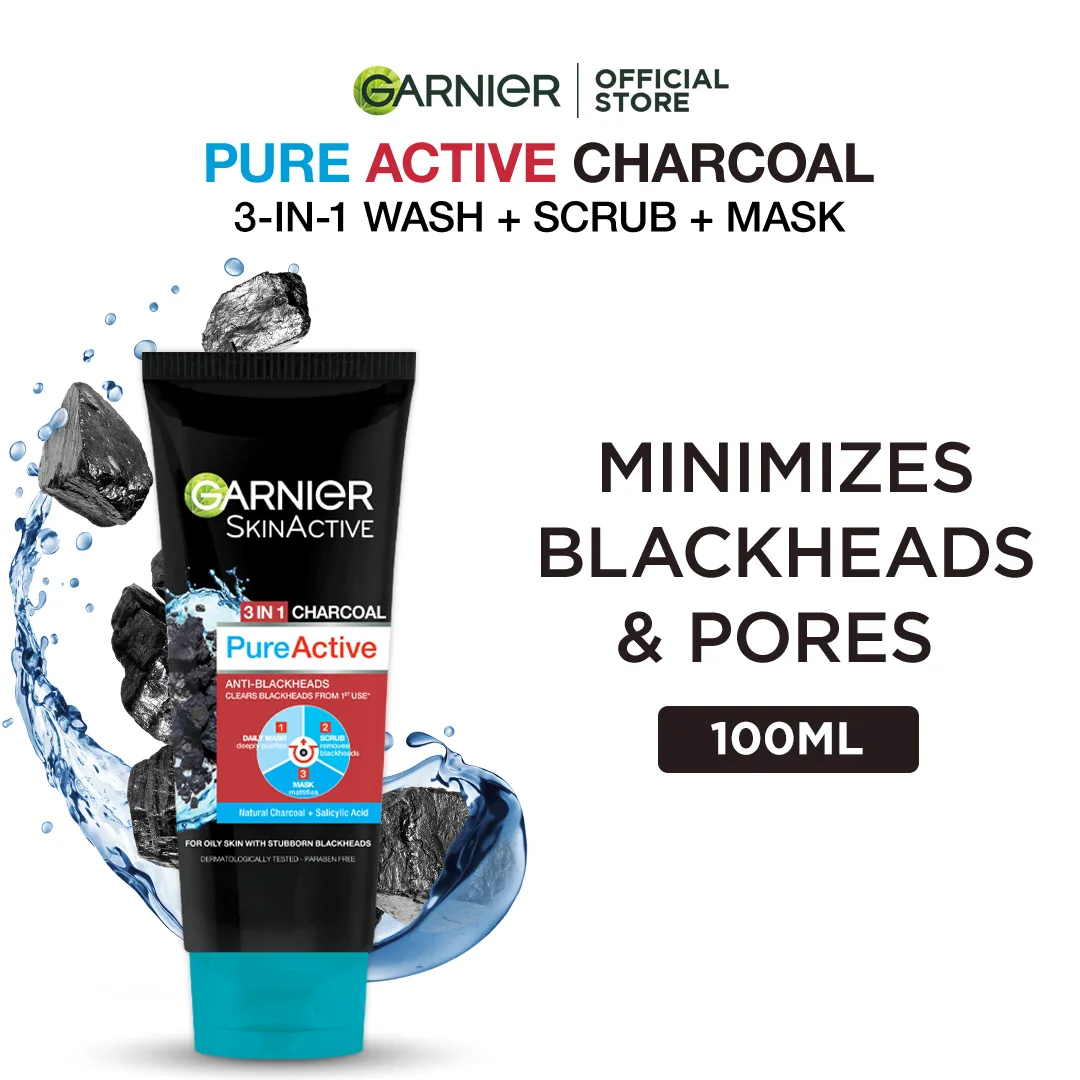 Garnier Skin Active Pure Active Anti-Blackheads 3-in-1 Daily Wash + Scrub + Mask, 100ml - Dissolve Dirt and Impurities
