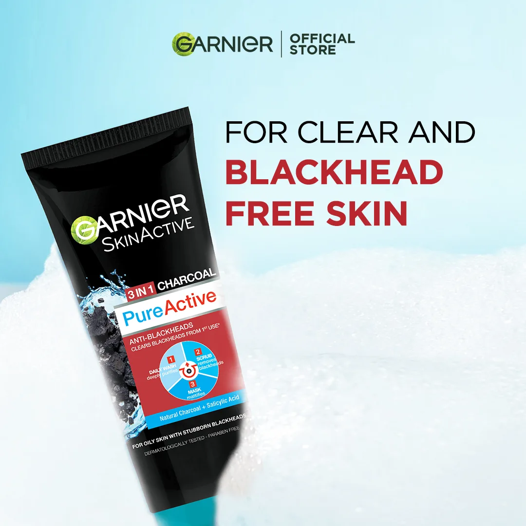 Side view of garnier skin active pure active anti-blackheads 3-in-1 daily wash + scrub + mask, 100ml - dissolve dirt and impurities