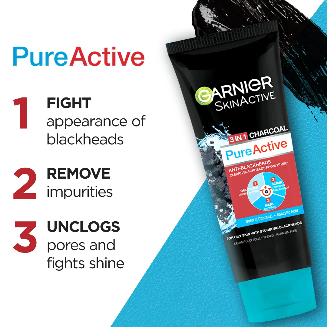 Comfortable casual garnier skin active pure active anti-blackheads 3-in-1 daily wash + scrub + mask, 100ml - dissolve dirt and impurities