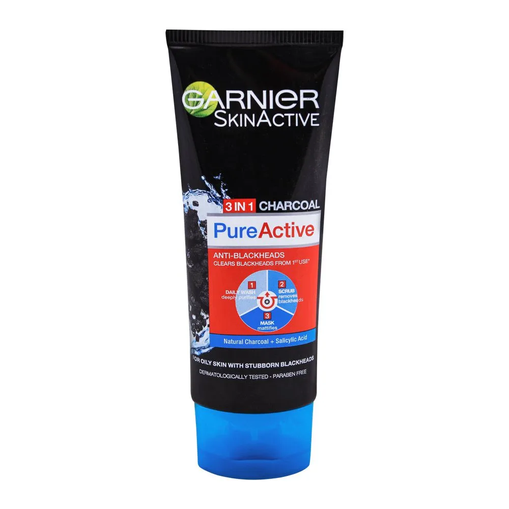 Close-up design of garnier skin active pure active anti-blackheads 3-in-1 daily wash + scrub + mask, 100ml - dissolve dirt and impurities