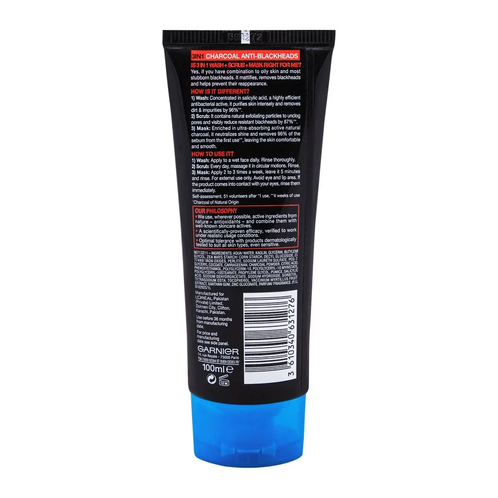 Premium everyday wear garnier skin active pure active anti-blackheads 3-in-1 daily wash + scrub + mask, 100ml - dissolve dirt and impurities