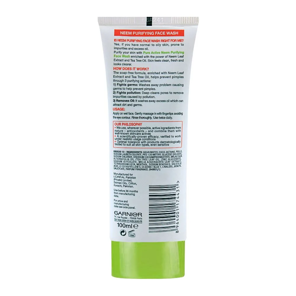 Close-up design of garnier skin active pure active neem purifying face wash, for normal to oily skin 100ml - dissolve dirt and impurities