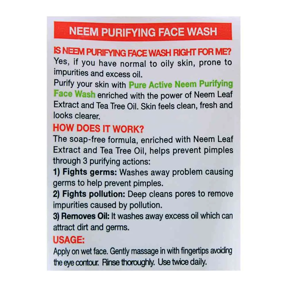 Premium everyday wear garnier skin active pure active neem purifying face wash, for normal to oily skin 100ml - dissolve dirt and impurities