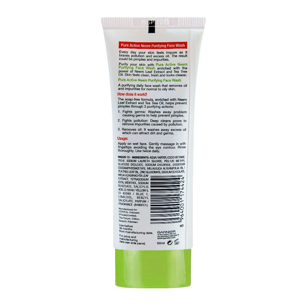 Close-up design of garnier skin active pure active neem purifying face wash, for normal to oily skin 50ml - dissolve dirt and impurities