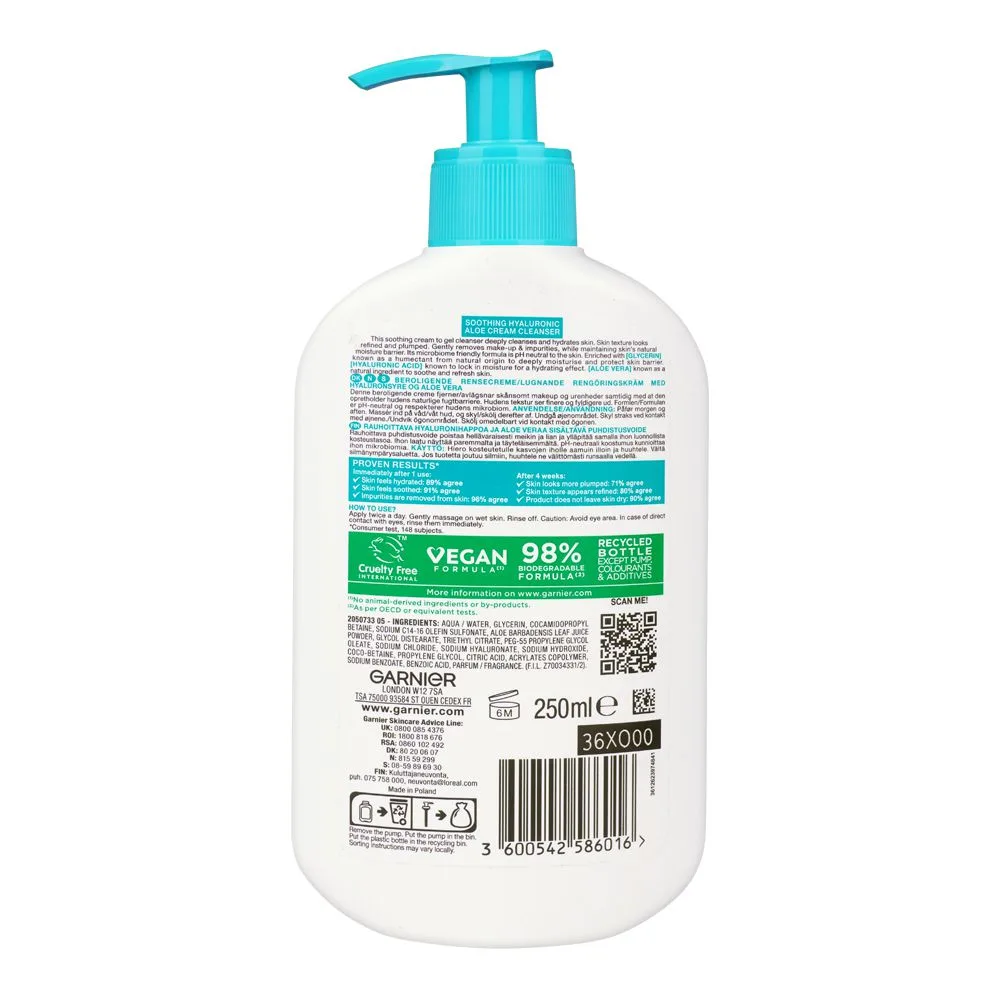 Side view of garnier skin active soothing hyaluronic aloe cream cleanser, ph neutral, for dehydrated skin, 250ml
