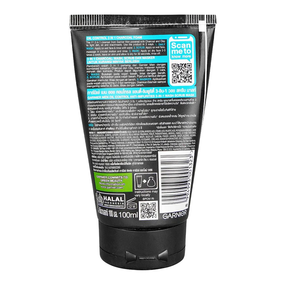 Side view of garnier skin active ultra clean 3in1 wash+scrub+mask with charcoal, paraben free, 100ml