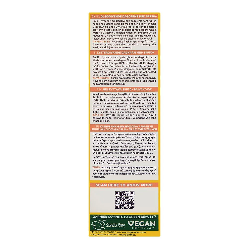 Side view of garnier skin active vitamin c daily uv glow-boosting fluid, spf50+ vegan, 40ml