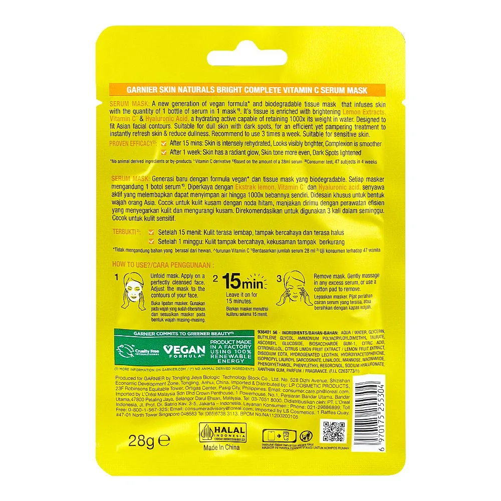 Side view of garnier skin naturals bright complete vitamin c + lemon serum mask, 28gm