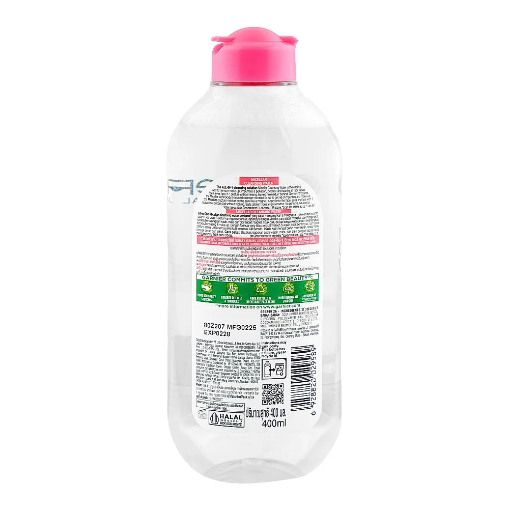 Side view of garnier skin naturals micellar cleansing water all-in-1, no perfume & no alcohol, for sensitive skin, 400ml