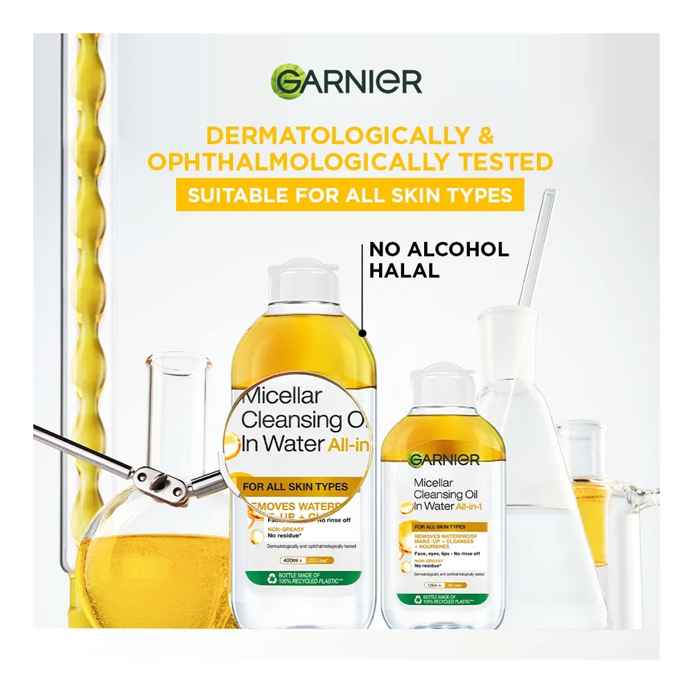 Side view of garnier skin naturals micellar cleansing water in oil all in one, for all types of skin, 125ml
