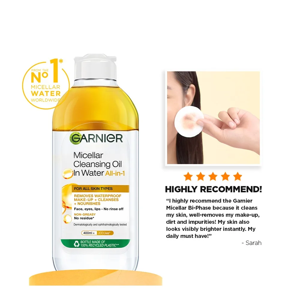 Close-up design of garnier skin naturals micellar cleansing water in oil all in one, for all types of skin, 125ml