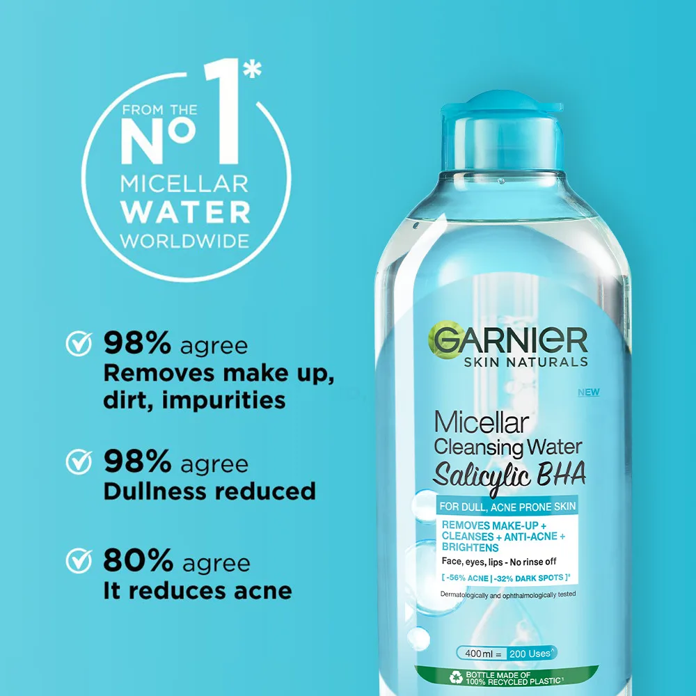 Side view of garnier skin naturals salicylic bha micellar cleansing water, makeup remover, 400ml