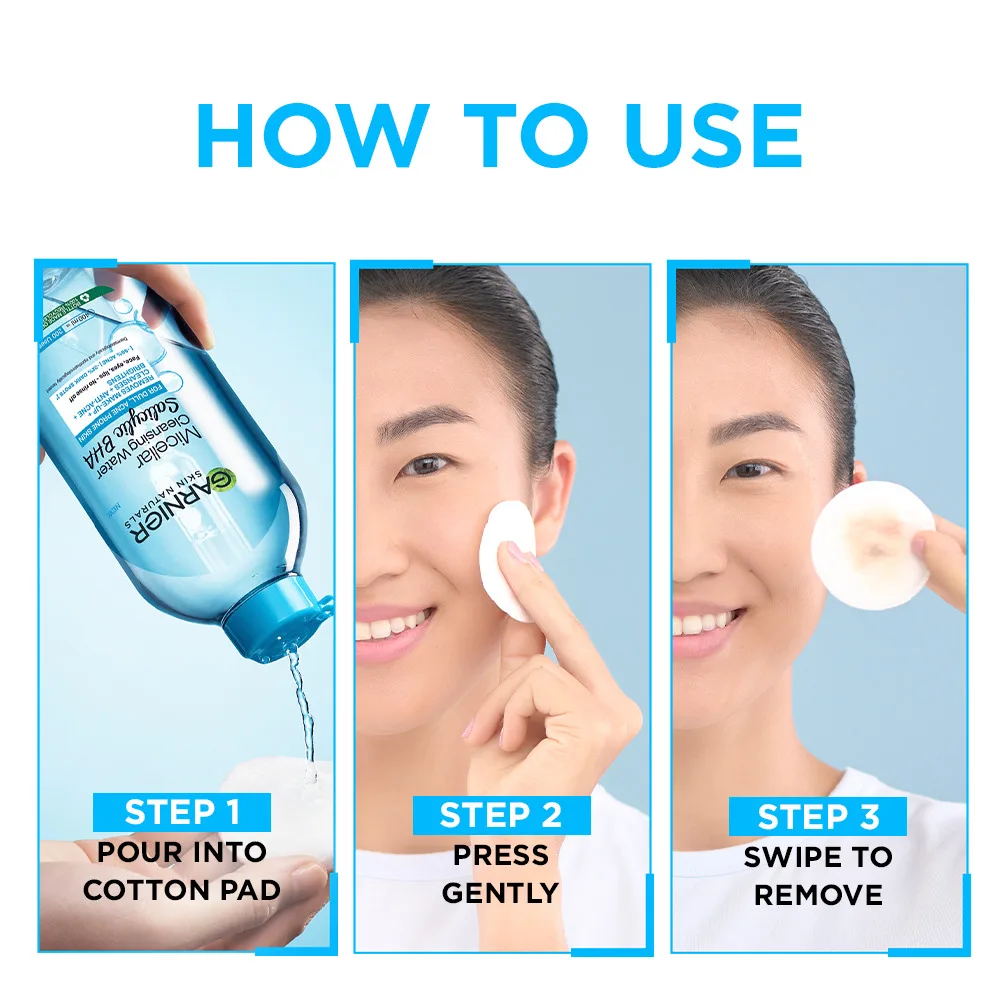Front angle of garnier skin naturals salicylic bha micellar cleansing water, makeup remover, 400ml
