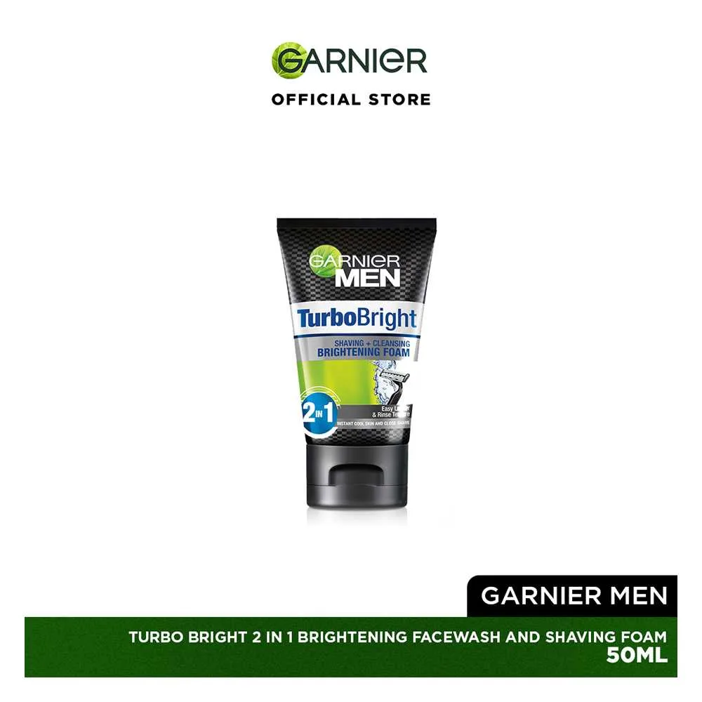 Front angle of garnier turbo bright face wash & shaving foam 50ml - daily grooming solution for men’s skin