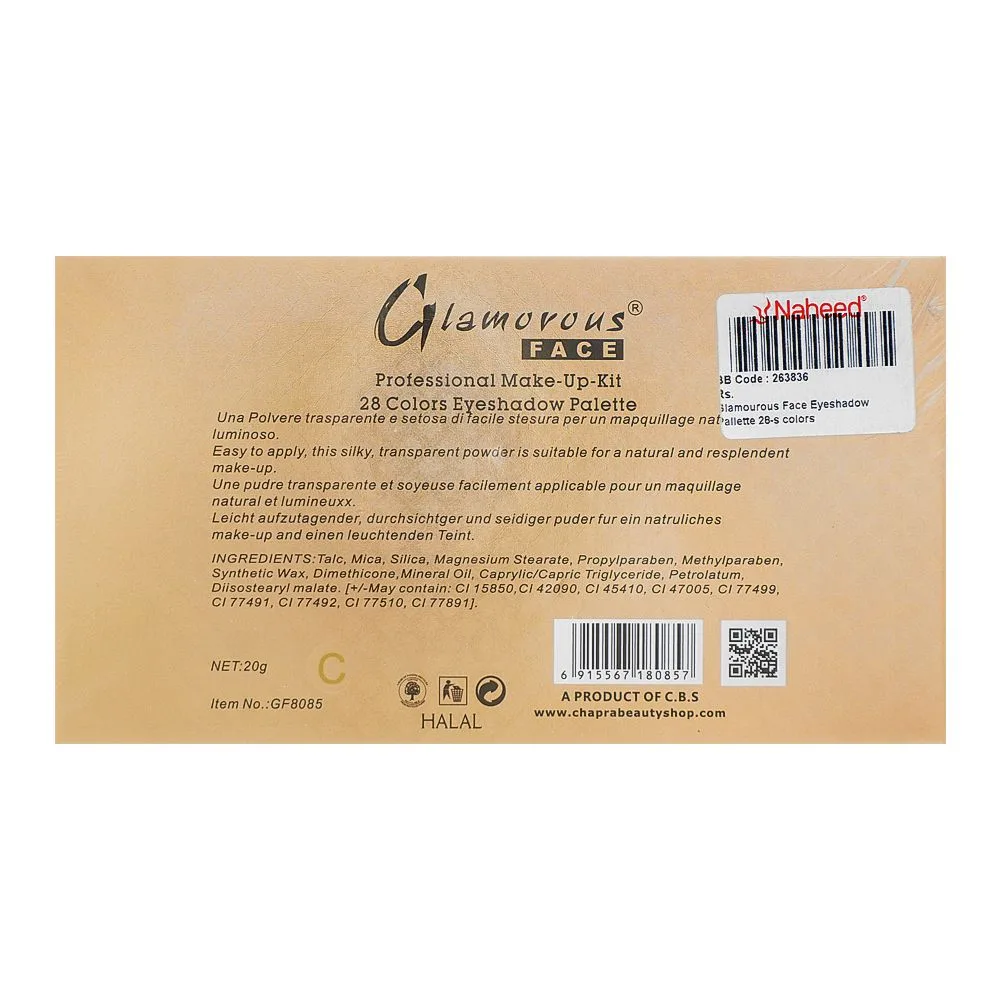 Side view of glamourous face eyeshadow pallette, 28-pack colors, 20g