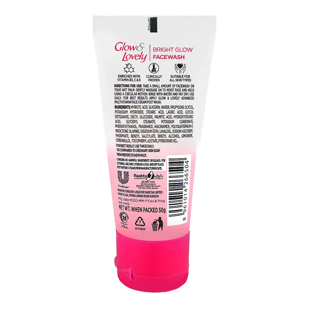 Side view of glow & lovely bright glow 3x multi-vitamins face wash, for all skin types, 50g