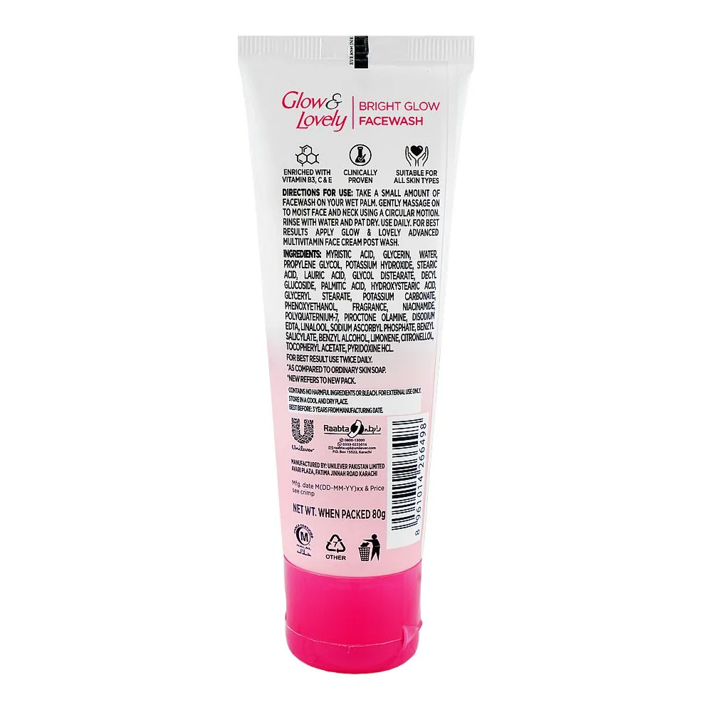 Side view of glow & lovely bright glow 3x multi-vitamins face wash, for all skin types, 80g