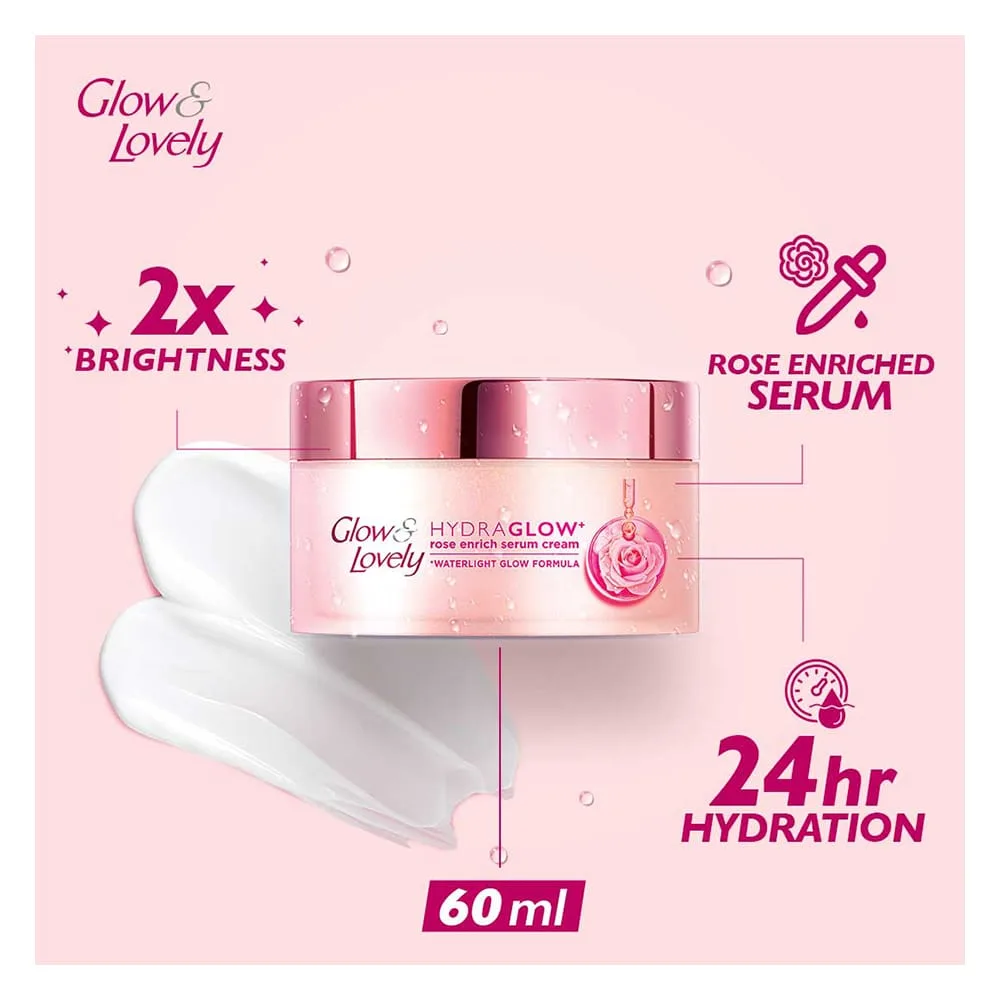 Side view of glow & lovely hydra glow rose enrich serum cream, water light glow formula, 60ml