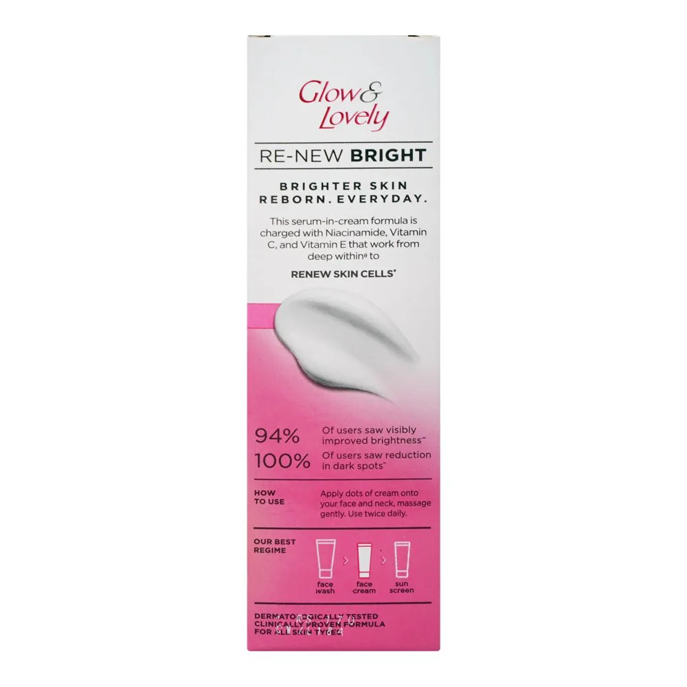 Side view of glow & lovely re-new bright serum in cream, niacinamide, glycerin, 25g