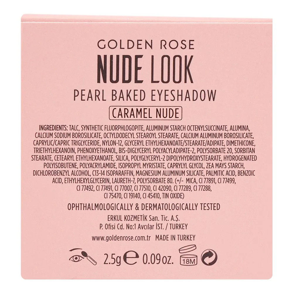 Close-up design of golden rose nude look matte baked eye shadow, caramel nude