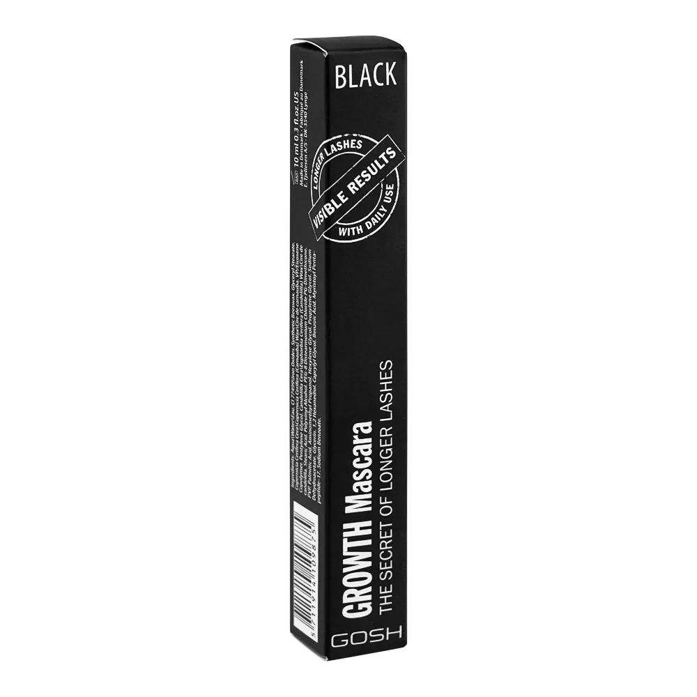 Side view of gosh the secret of longer lashes, growth mascara black, 10ml