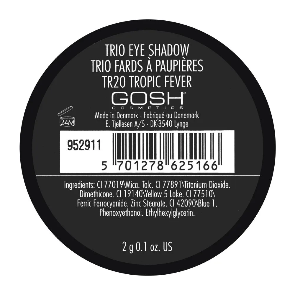 Side view of gosh trio eyeshadow, tr20 tropic fever