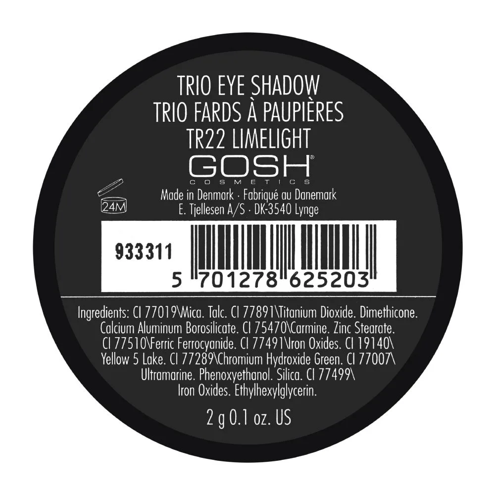 Side view of gosh trio eyeshadow, tr22 limelight