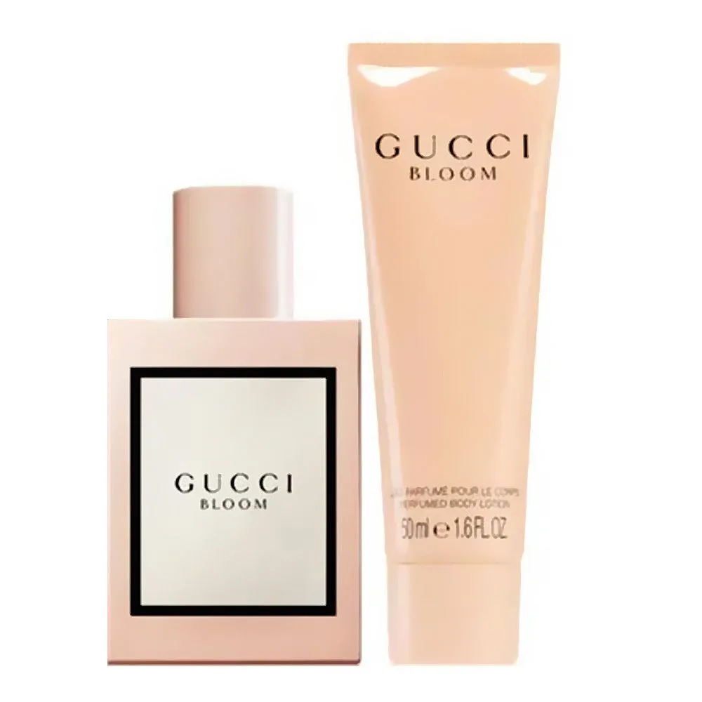 Close-up design of gucci bloom gift set brown pack for women, edp 50ml + body lotion 50ml
