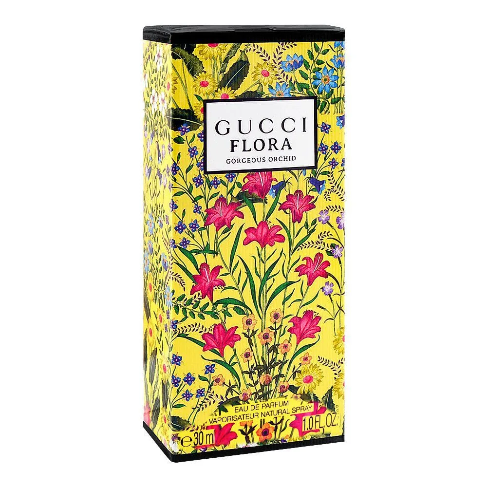 Side view of gucci flora gorgeous orchid, eau de parfum, for women, 30ml