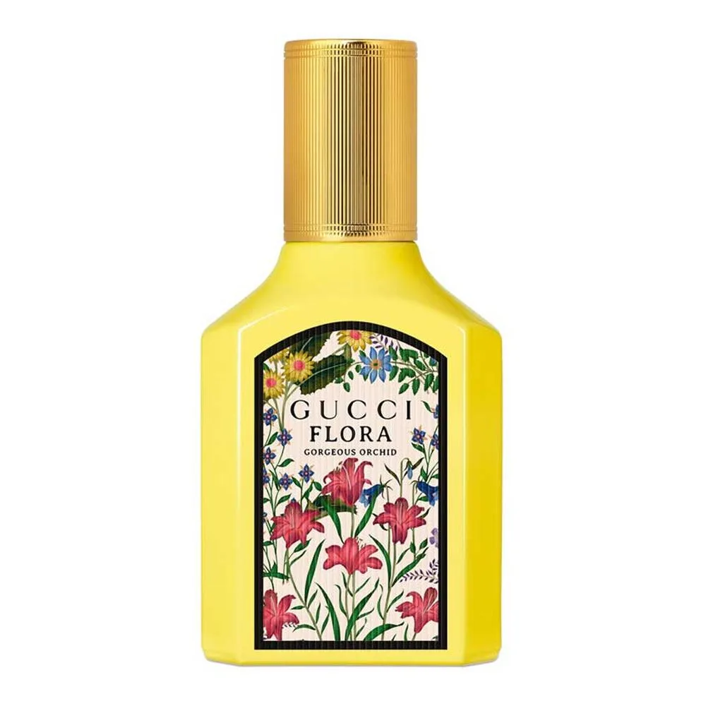 Close-up design of gucci flora gorgeous orchid, eau de parfum, for women, 30ml