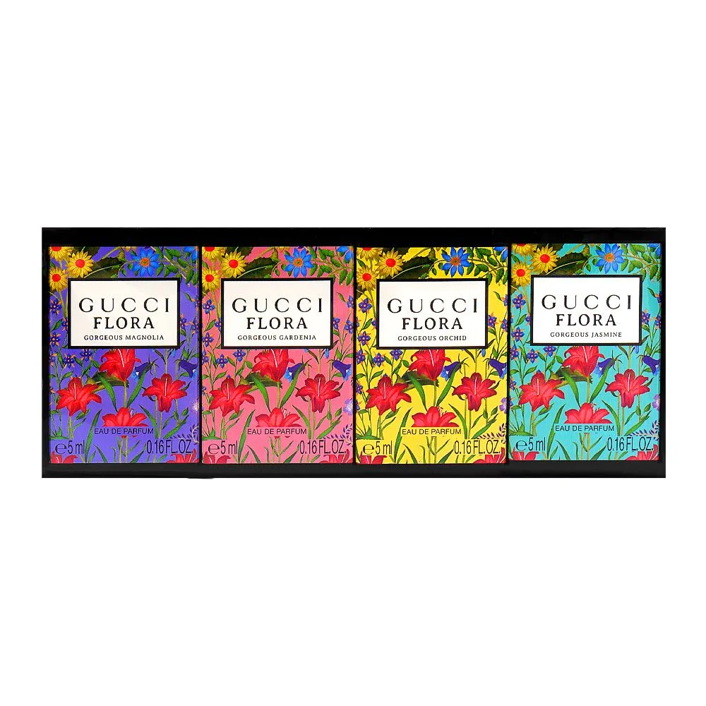 Side view of gucci flora miniature gift set, for women, eau de parfum, 4 x 5ml
