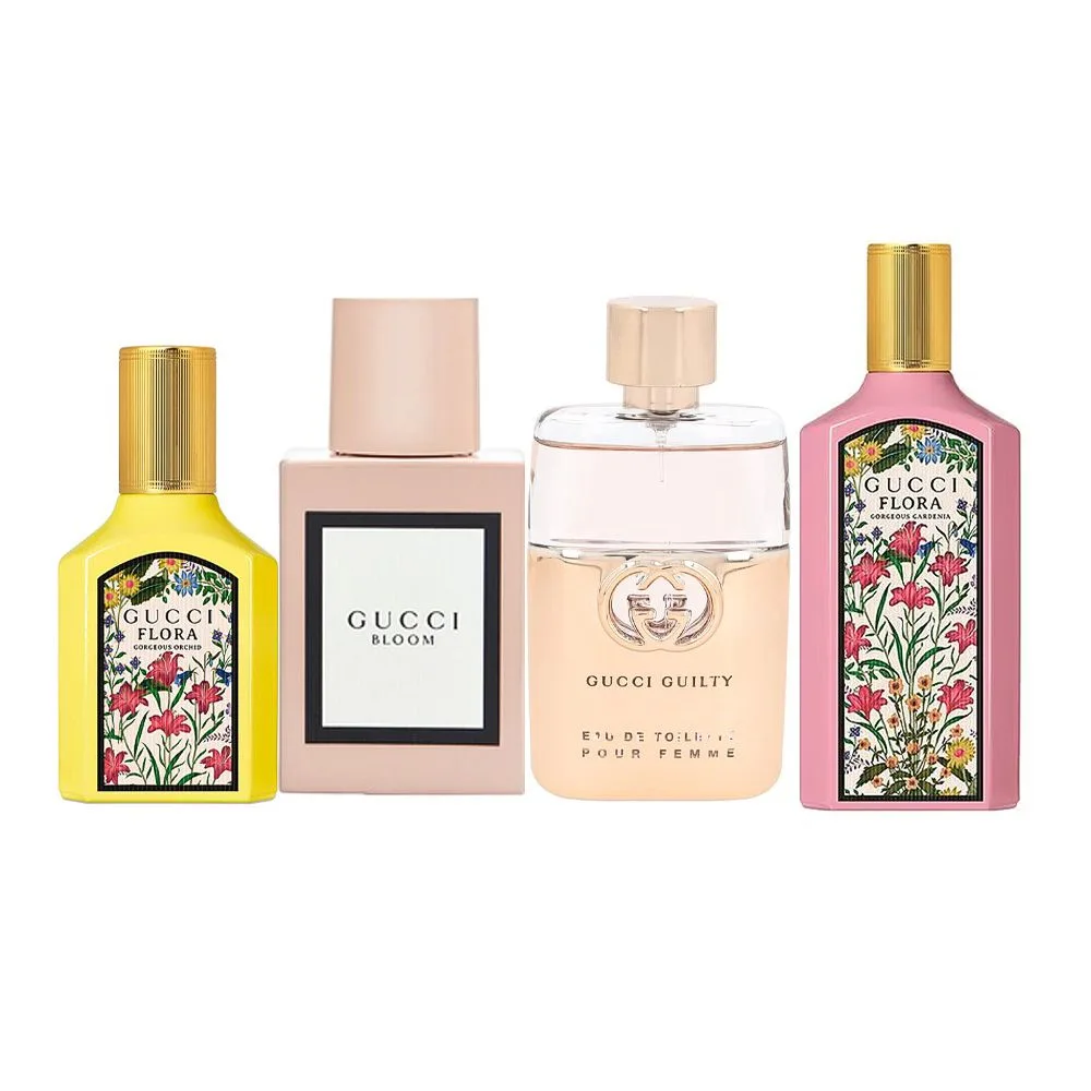 Close-up design of gucci miniatures set, for women 4 x 5ml bloom + guilty + flora gorgeous gardenia + flora gorgeous orchid