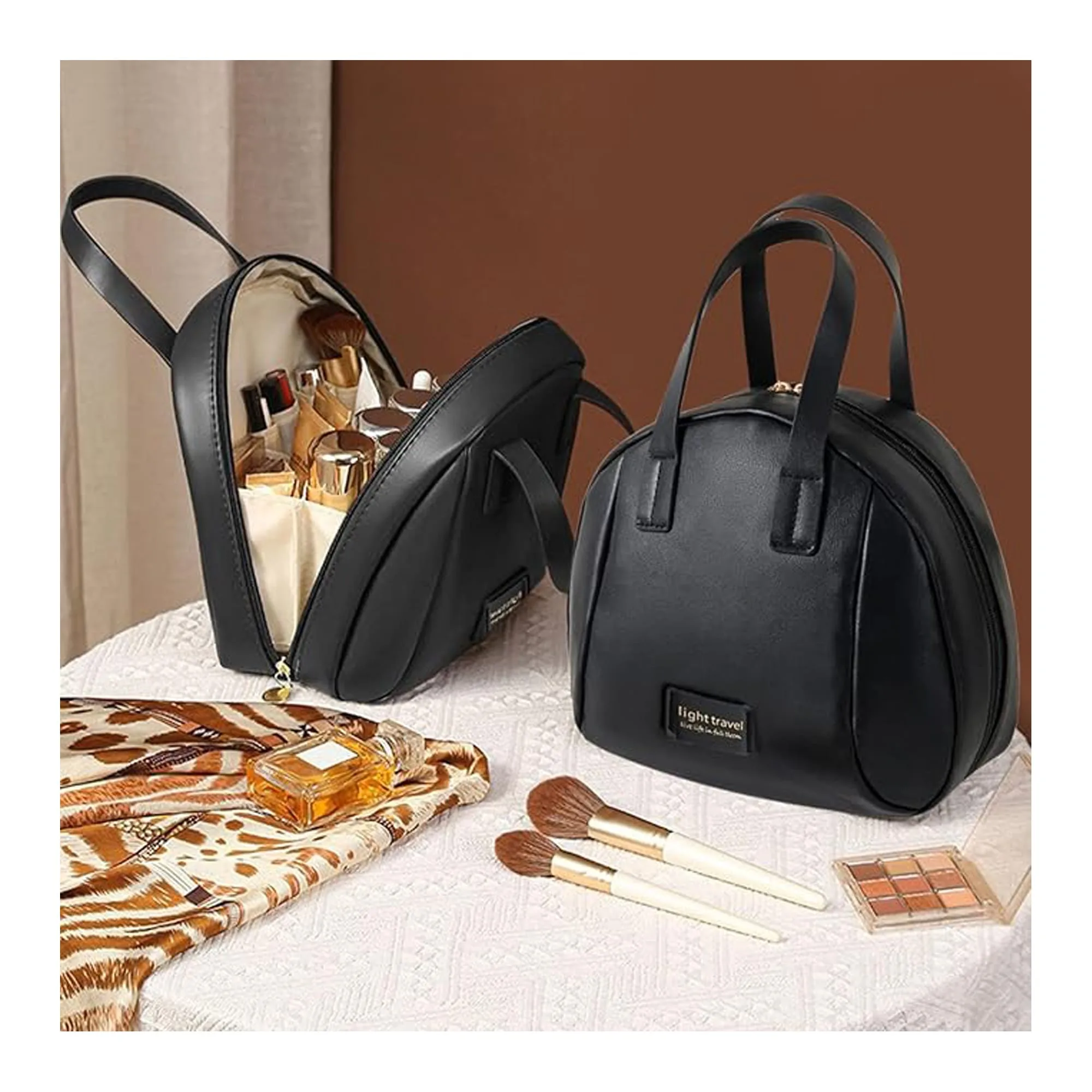 Handle-Top Travel Cosmetic Bag, Makeup Organizer & Toiletry Pouch, Black