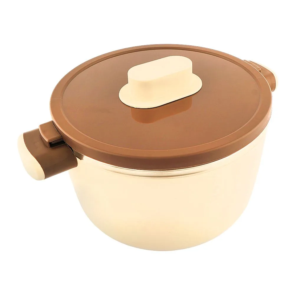 Side view of happy ware forte warmer hot pot with twist lock lid, 29.5 x 22.2 x 16.5cm, 3.5 liters, brown, su-648