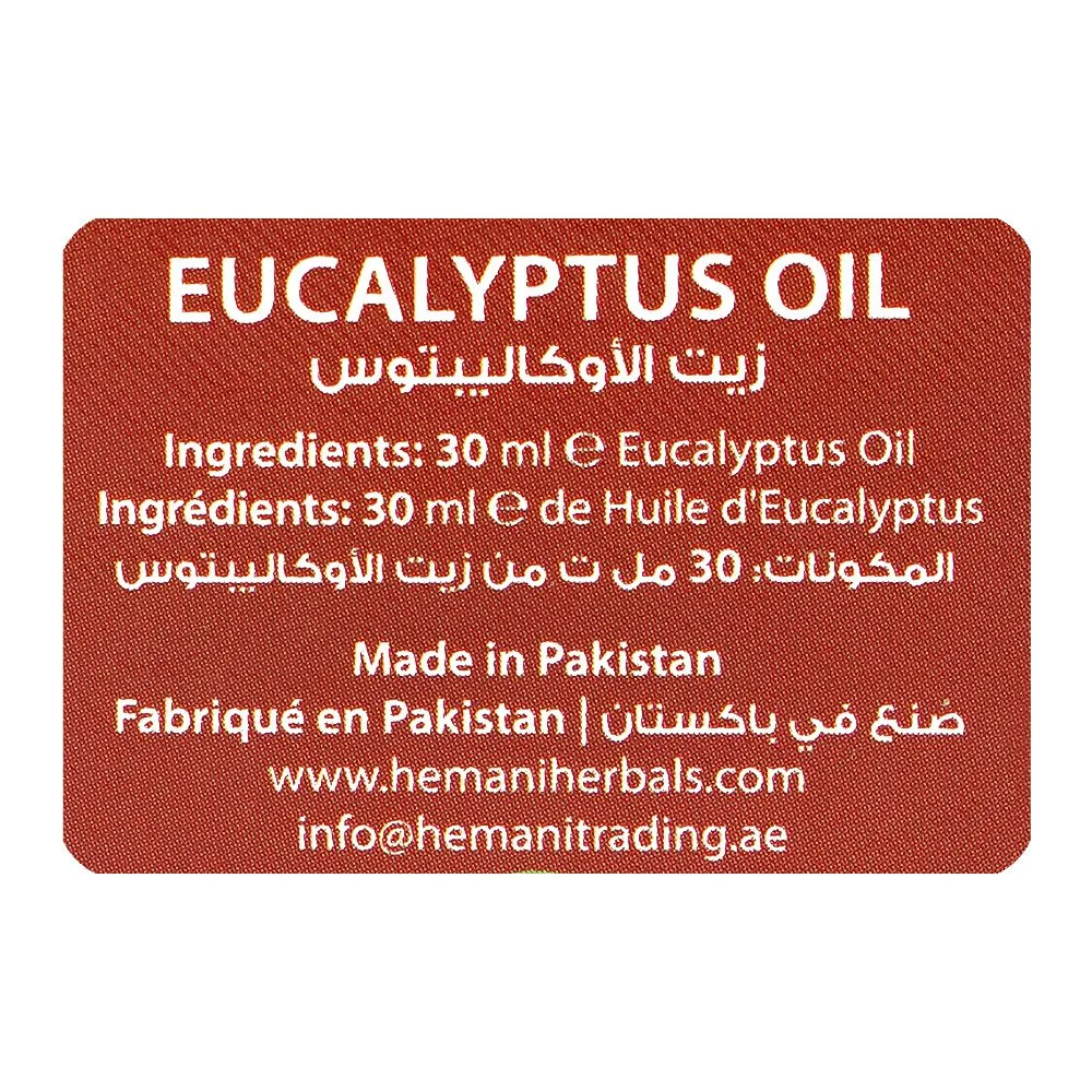 Close-up design of hemani eucalyptus oil, 30ml