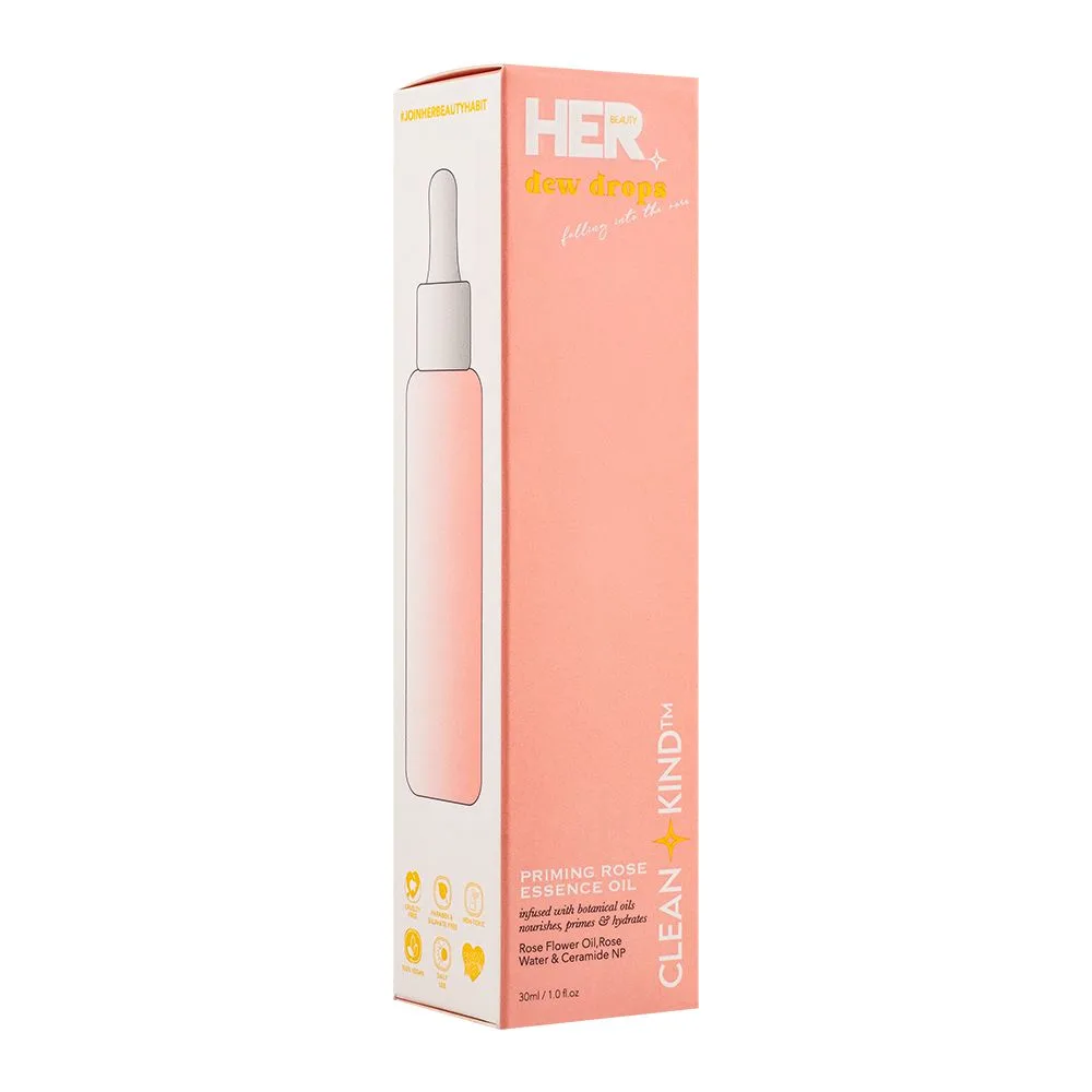Side view of her beauty dew drops priming rose essence oil, 30ml