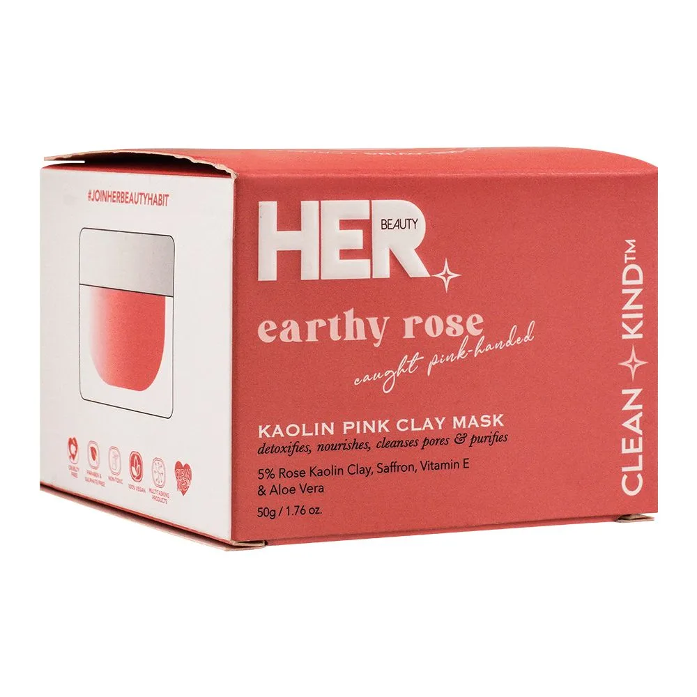 Side view of her beauty earthy rose kaolin pink clay mask, 50ml