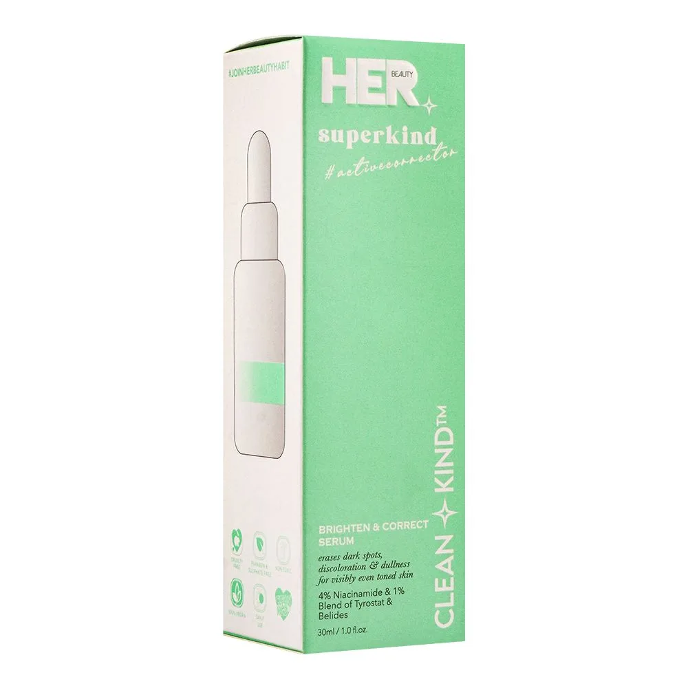 Side view of her beauty superkind brighten & correct serum, 30ml