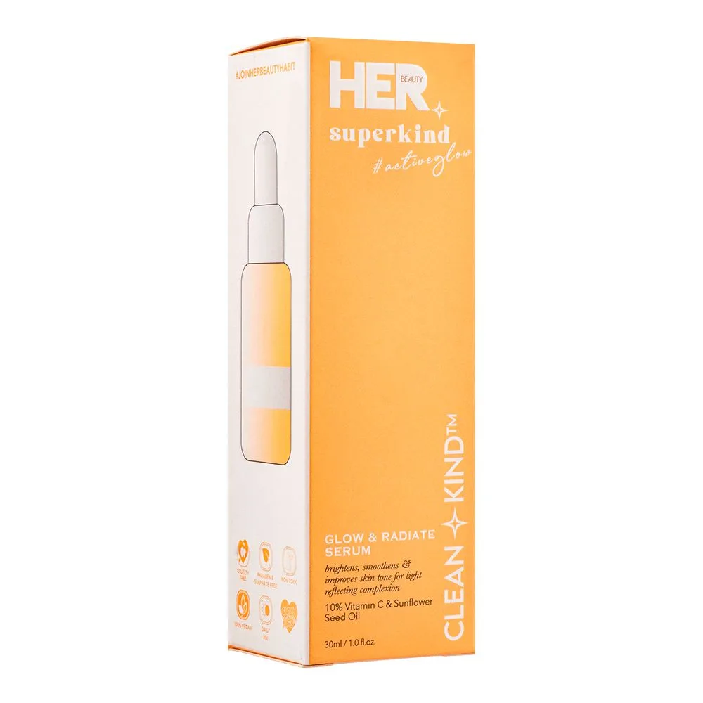 Side view of her beauty superkind glow & radiate serum, 30ml