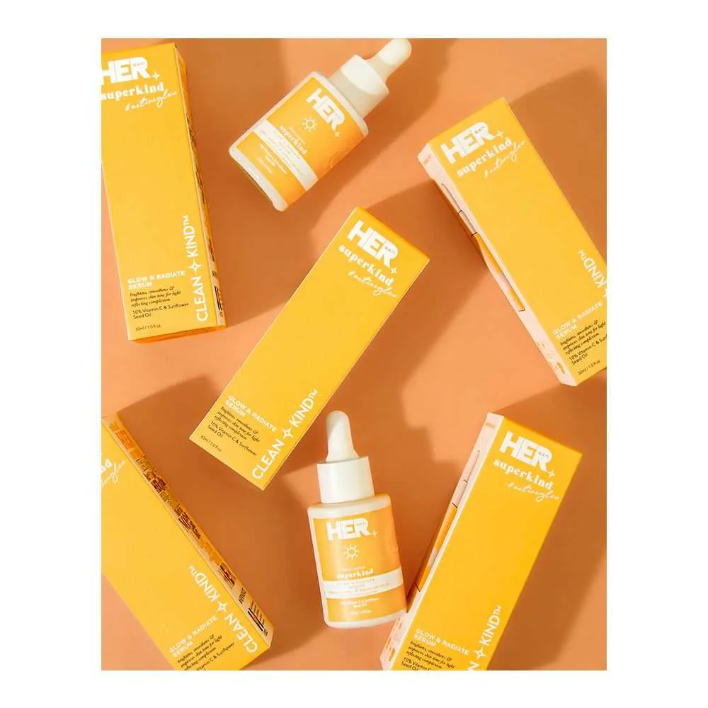 Front angle of her beauty superkind glow & radiate serum, 30ml