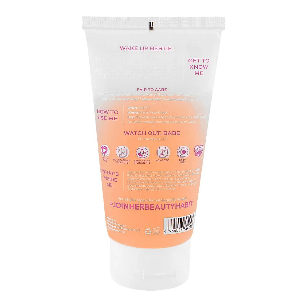 Side view of her beauty wake up-rose up balance bestie ph friendly rose cloud cleanser, hyaluronic acid, fragrance free, for all types of skin, 75ml