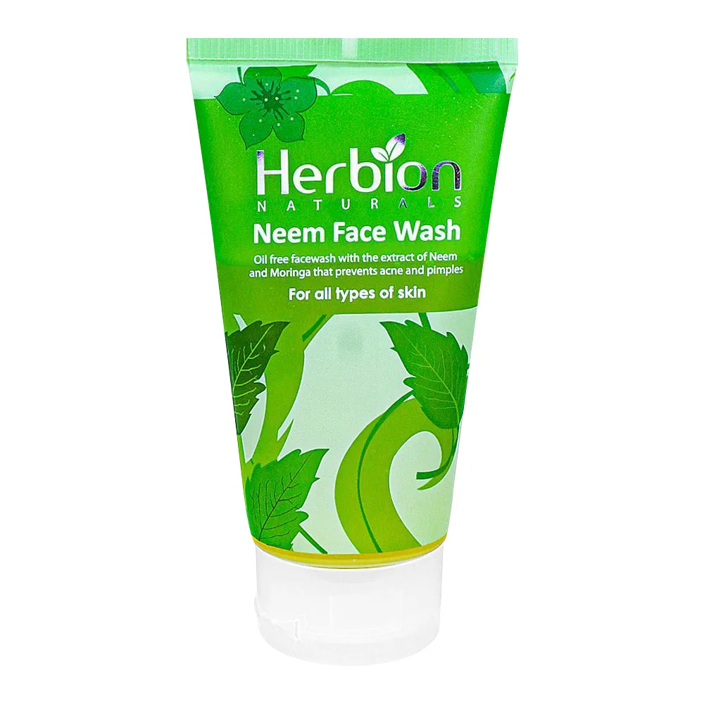 Side view of herbion anti acne neem face wash with moringa and aloe vera, for all skin types, 100ml