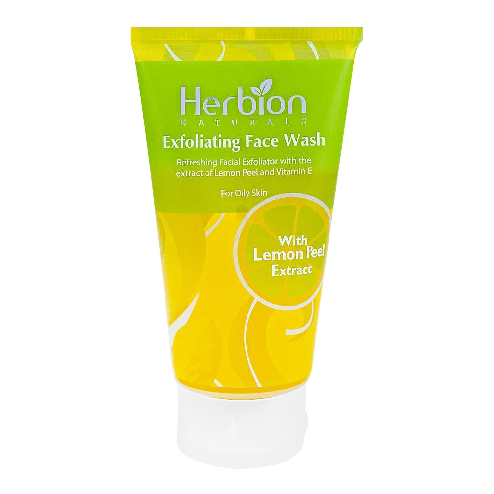 Side view of herbion lemon exfoliating face wash with peppermint oil and vitamin e, for oily skin, 100ml