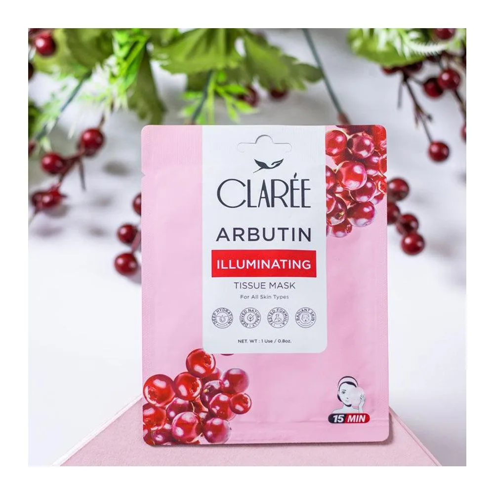 Side view of herbion naturals claree arbutin illuminating tissue mask, for all skin types