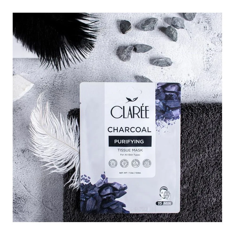 Side view of herbion naturals claree charcoal purifying tissue mask, for all skin types