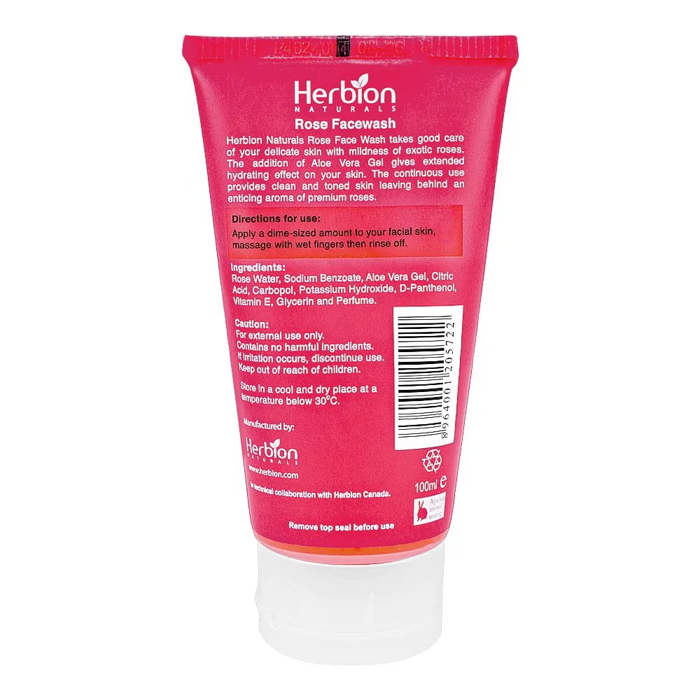 Side view of herbion rose and aloe vera hydrating face wash, for all skin types, 100ml