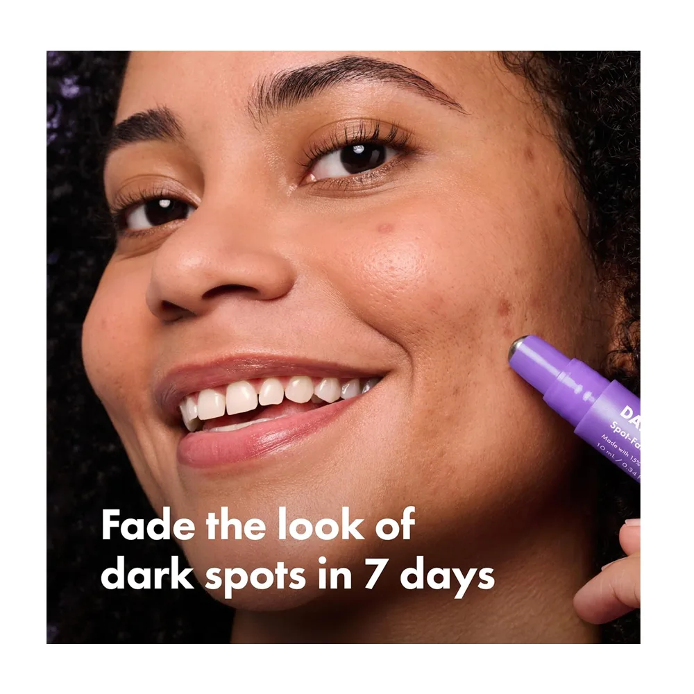 Side view of hero cosmetics dark spot correct spot-fading serum, vitamin c, hyaluronic acid, for acne-prone skin, 10ml
