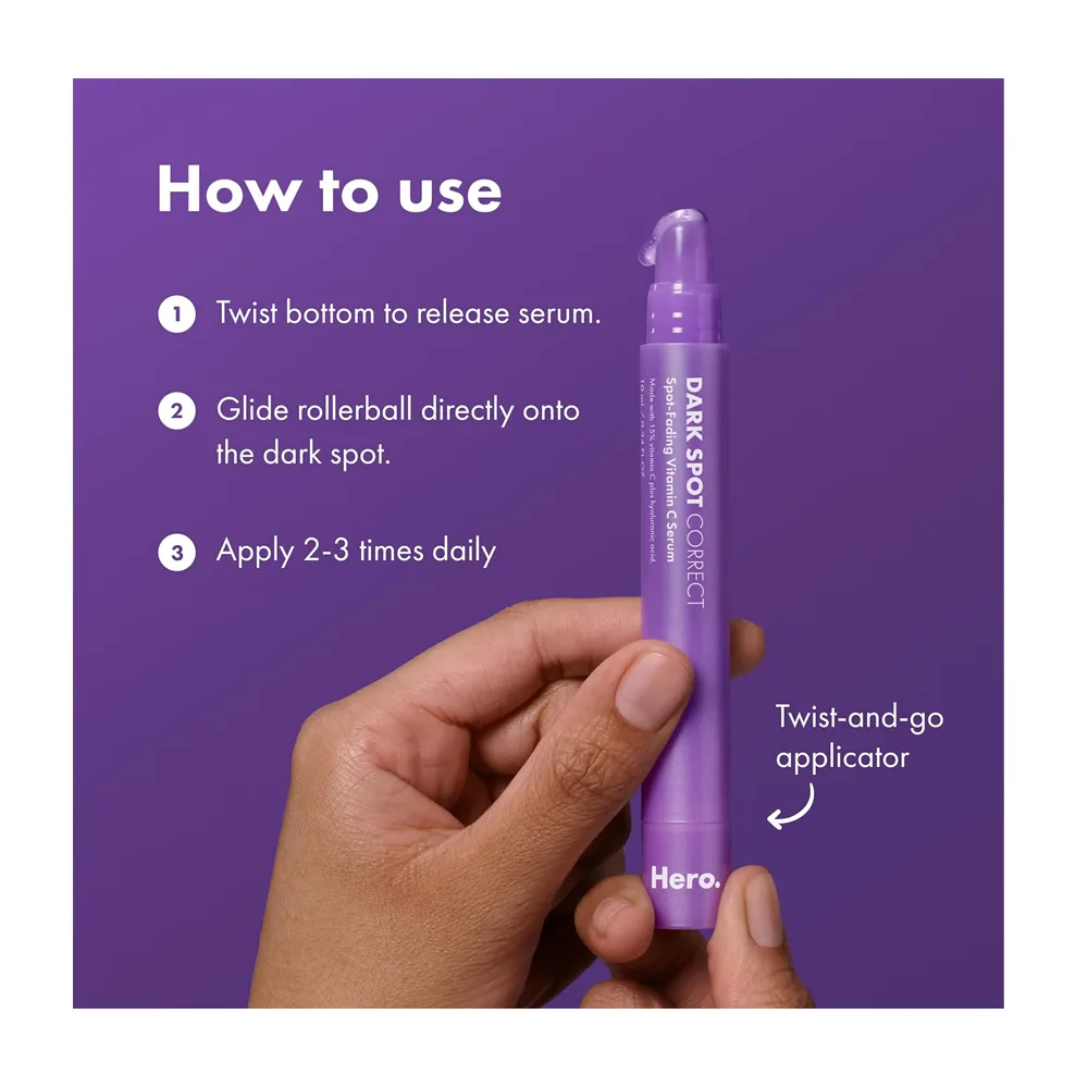 Close-up design of hero cosmetics dark spot correct spot-fading serum, vitamin c, hyaluronic acid, for acne-prone skin, 10ml