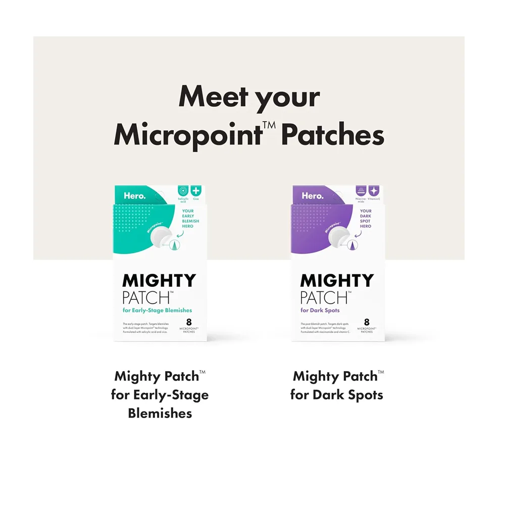 Close-up design of hero cosmetics micropoint mighty patch, vitamin c, niacinamide, for dark spot, 8-pack